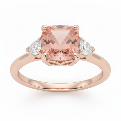 Cushion Padparadscha and White Diamond Three Stone Ring Natural 14K Rose Gold