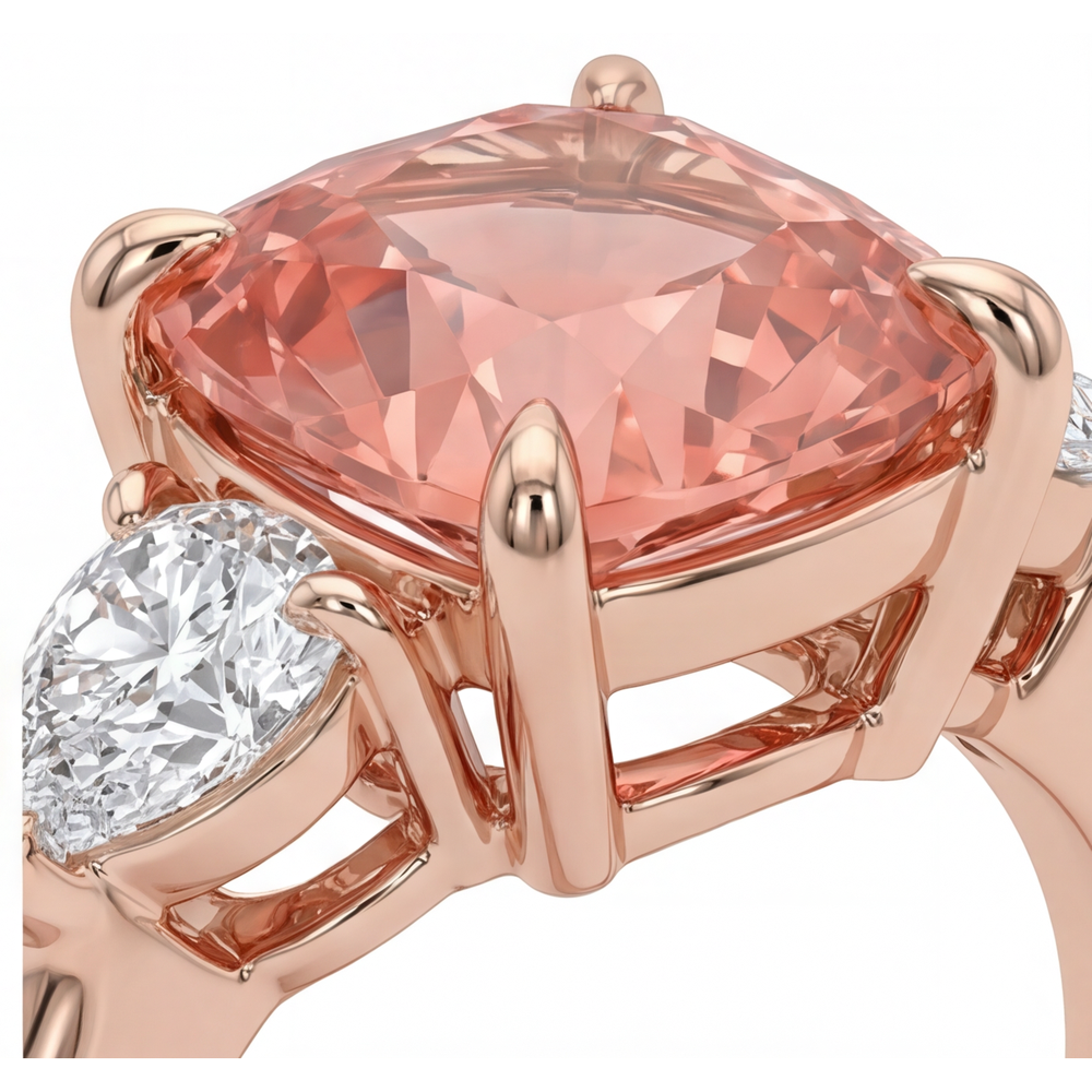 Cushion Padparadscha and White Diamond Three Stone Ring Natural 14K Rose Gold