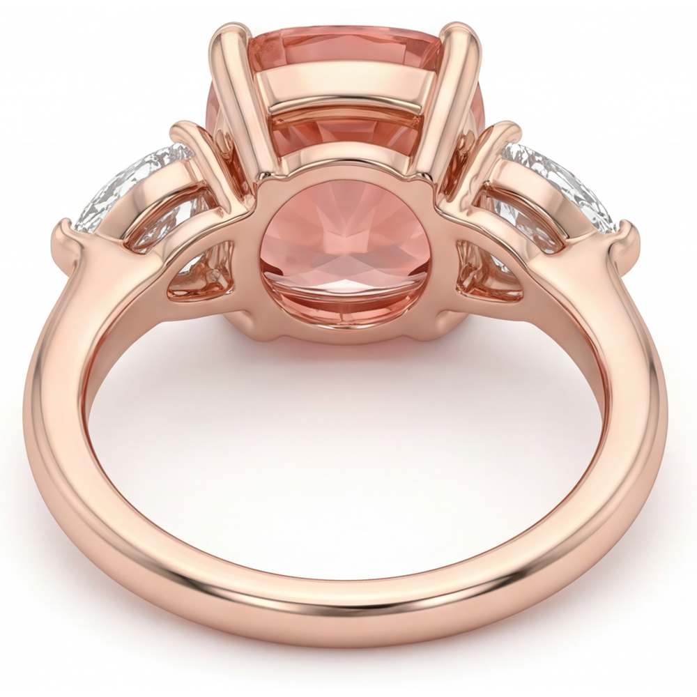 Cushion Padparadscha and White Diamond Three Stone Ring Natural 14K Rose Gold