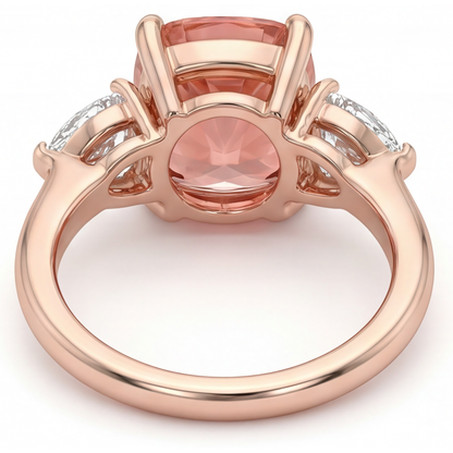 Cushion Padparadscha and White Diamond Three Stone Ring Natural 14K Rose Gold