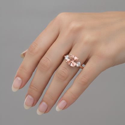 Cushion Padparadscha and White Diamond Three Stone Ring Natural 14K Rose Gold