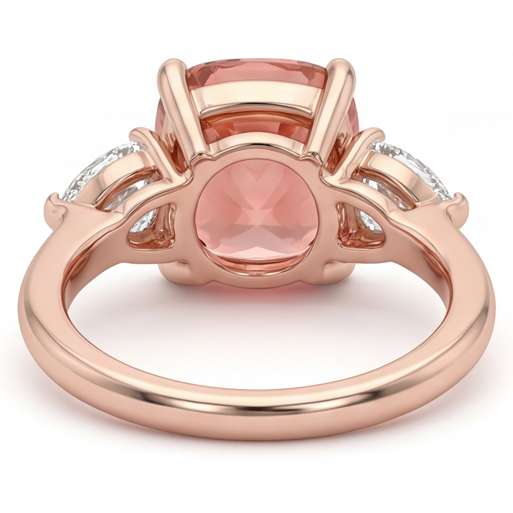 Cushion Padparadscha and White Diamond Three Stone Ring Natural 14K Rose Gold