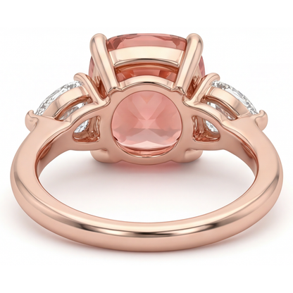 Cushion Padparadscha and White Diamond Three Stone Ring Natural 14K Rose Gold