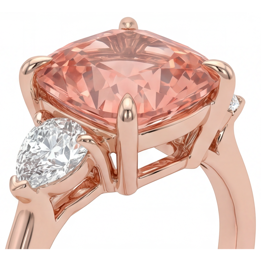 Cushion Padparadscha and White Diamond Three Stone Ring Natural 14K Rose Gold