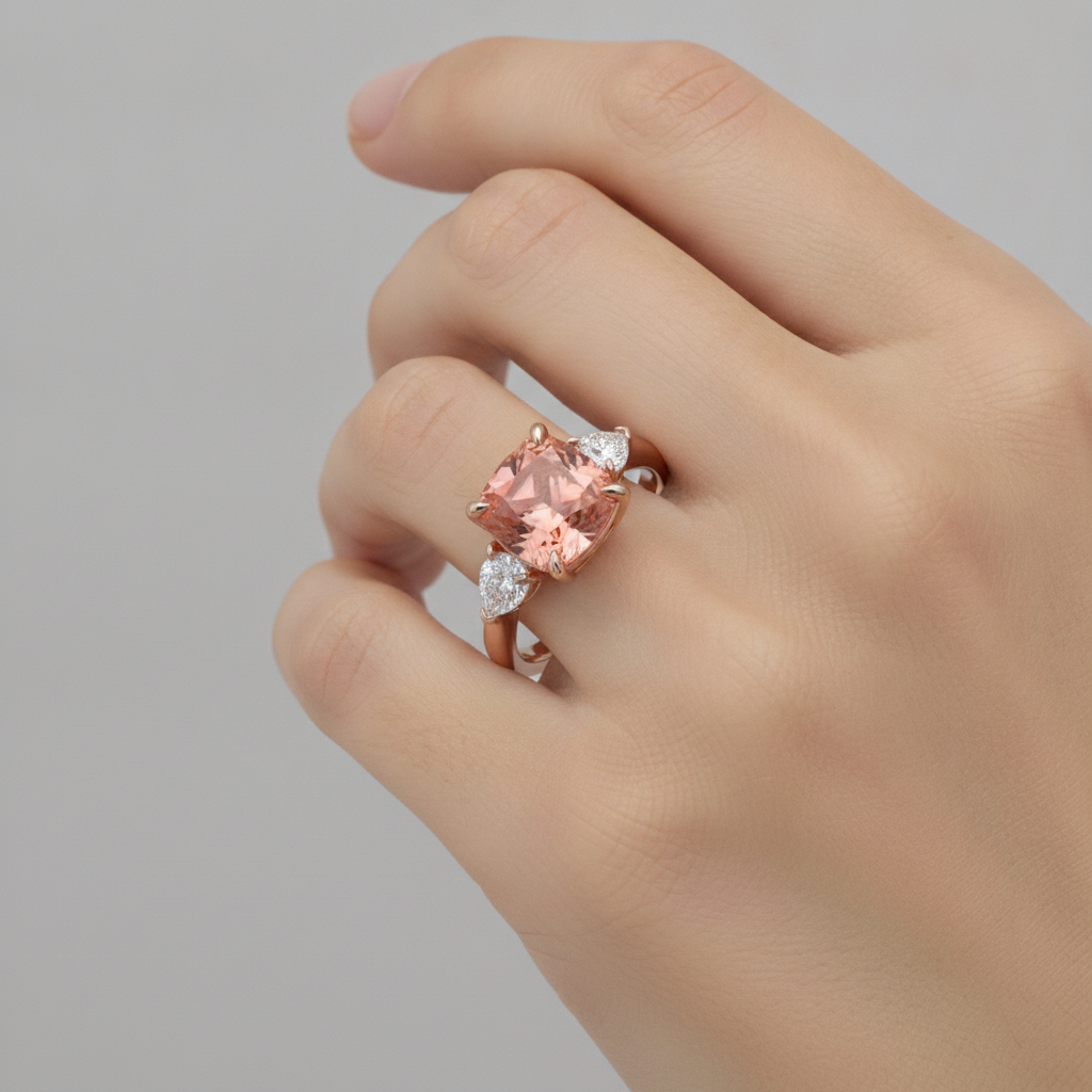 Cushion Padparadscha and White Diamond Three Stone Ring Natural 14K Rose Gold