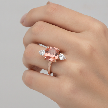 Cushion Padparadscha and White Diamond Three Stone Ring Natural 14K Rose Gold