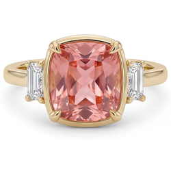 Cushion Padparadscha and White Diamond Three Stone Ring Natural 14K Yellow Gold