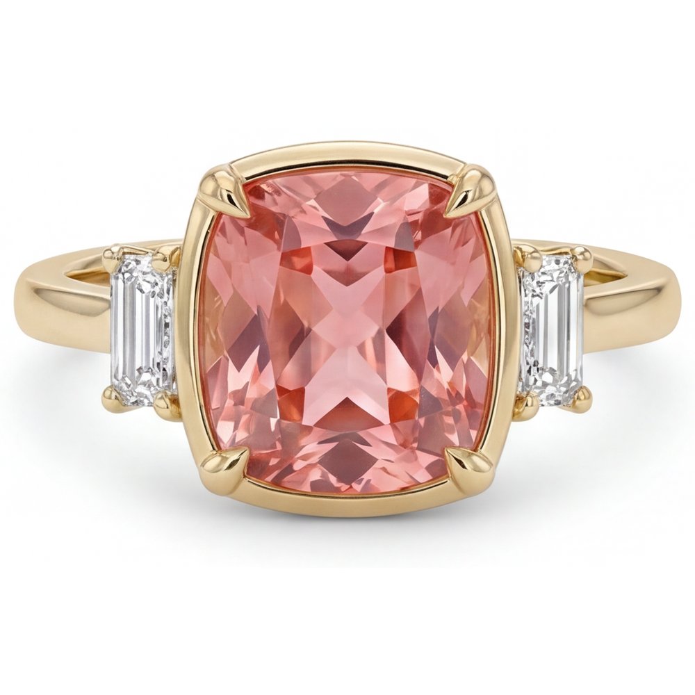 Cushion Padparadscha and White Diamond Three Stone Ring Natural 14K Yellow Gold