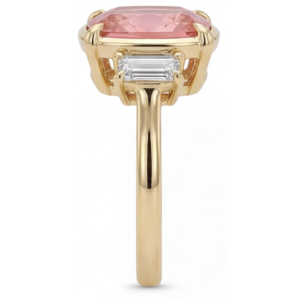 Cushion Padparadscha and White Diamond Three Stone Ring Natural 14K Yellow Gold