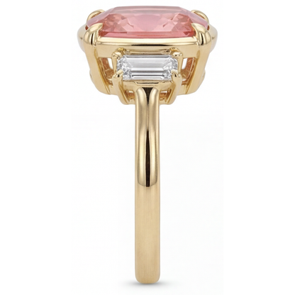 Cushion Padparadscha and White Diamond Three Stone Ring Natural 14K Yellow Gold