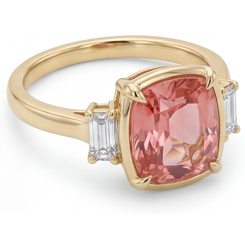 Cushion Padparadscha and White Diamond Three Stone Ring Natural 14K Yellow Gold