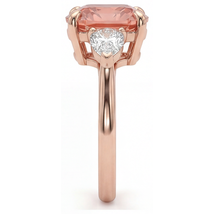 Cushion Padparadscha and White Diamond Three Stone Ring Natural 14K Rose Gold