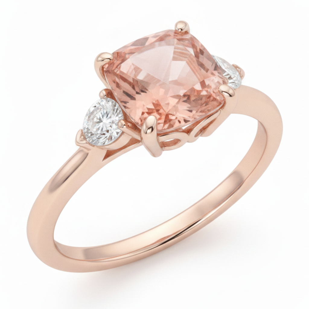 Cushion Padparadscha and White Diamond Three Stone Ring Natural 14K Rose Gold