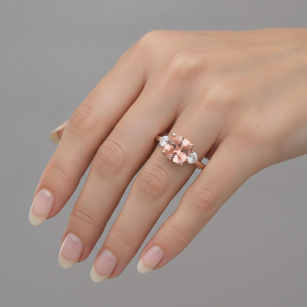 Cushion Padparadscha and White Diamond Three Stone Ring Natural 14K Rose Gold