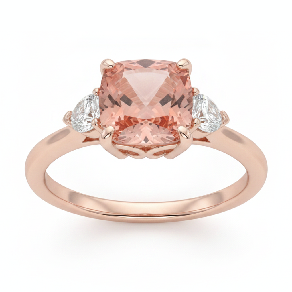 Cushion Padparadscha and White Diamond Three Stone Ring Natural 14K Rose Gold