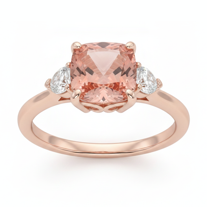 Cushion Padparadscha and White Diamond Three Stone Ring Natural 14K Rose Gold