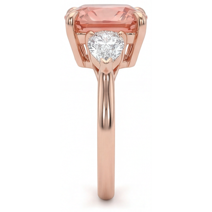 Cushion Padparadscha and White Diamond Three Stone Ring Natural 14K Rose Gold