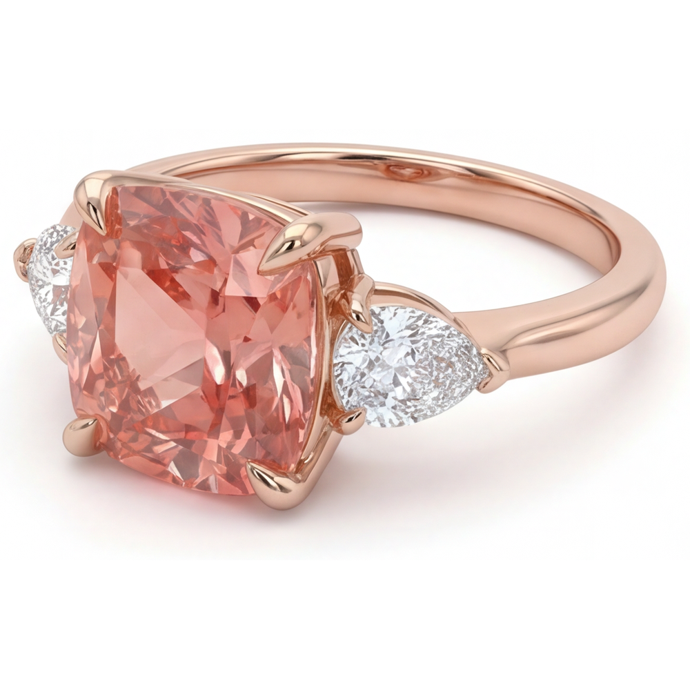 Cushion Padparadscha and White Diamond Three Stone Ring Natural 14K Rose Gold