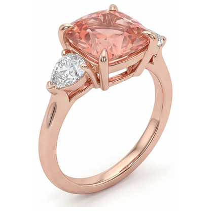 Cushion Padparadscha and White Diamond Three Stone Ring Natural 14K Rose Gold