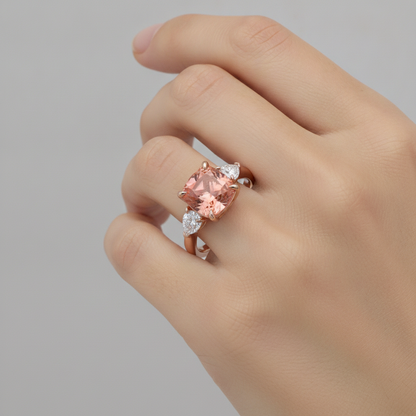 Cushion Padparadscha and White Diamond Three Stone Ring Natural 14K Rose Gold