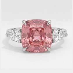 Cushion Padparadscha and White Pear Three Stone Ring Natural Platinum