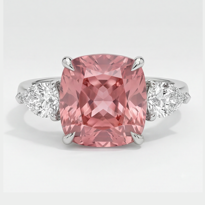 Cushion Padparadscha and White Pear Three Stone Ring Natural Platinum