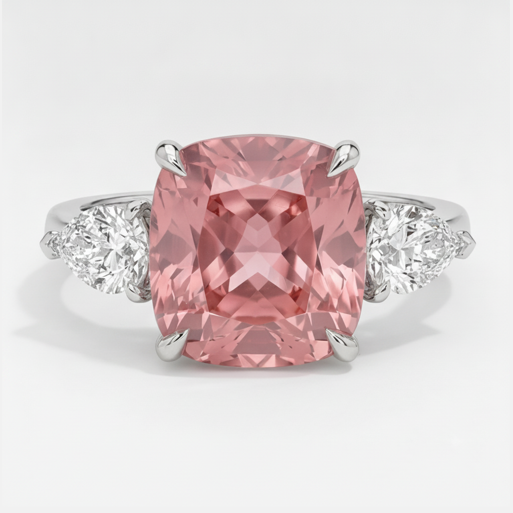 Cushion Padparadscha and White Pear Three Stone Ring Natural Platinum