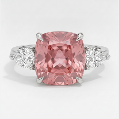 Cushion Padparadscha and White Pear Three Stone Ring Natural Platinum