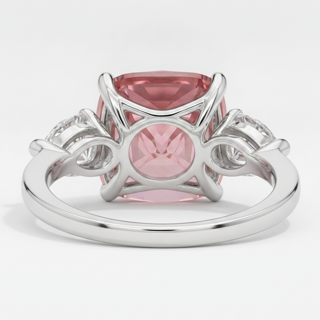 Cushion Padparadscha and White Pear Three Stone Ring Natural Platinum