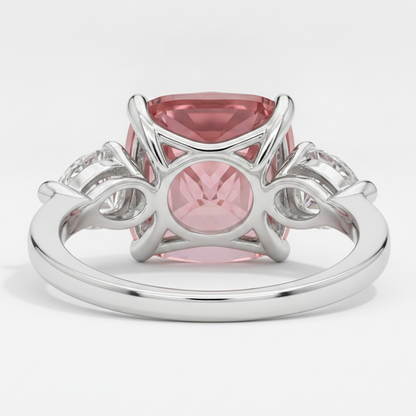 Cushion Padparadscha and White Pear Three Stone Ring Natural Platinum
