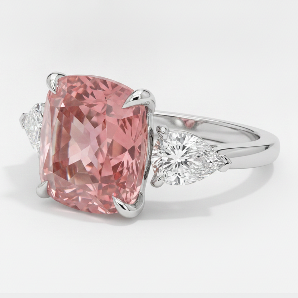 Cushion Padparadscha and White Pear Three Stone Ring Natural Platinum
