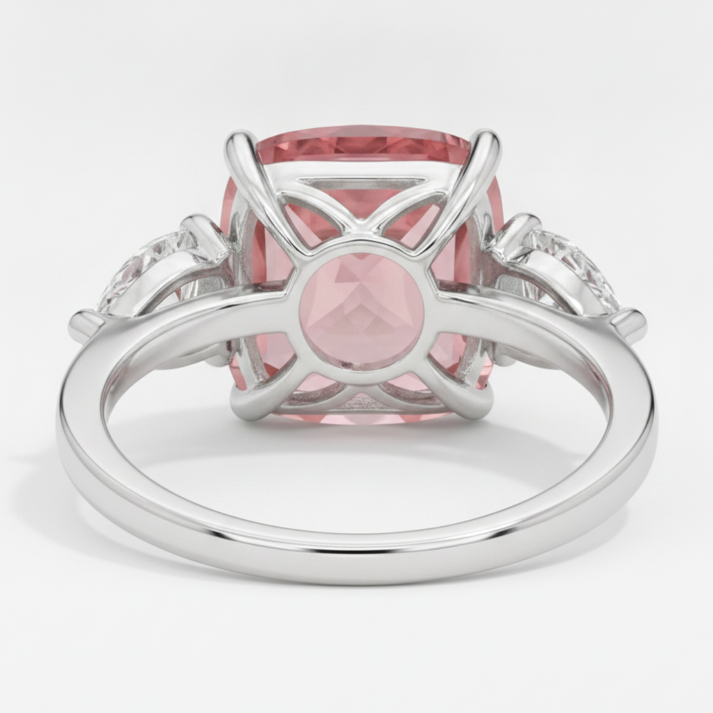 Cushion Padparadscha and White Pear Three Stone Ring Natural Platinum