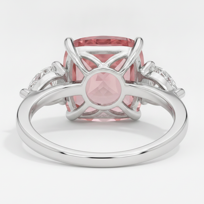 Cushion Padparadscha and White Pear Three Stone Ring Natural Platinum
