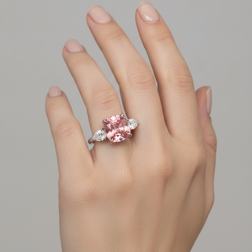 Cushion Padparadscha and White Pear Three Stone Ring Natural Platinum