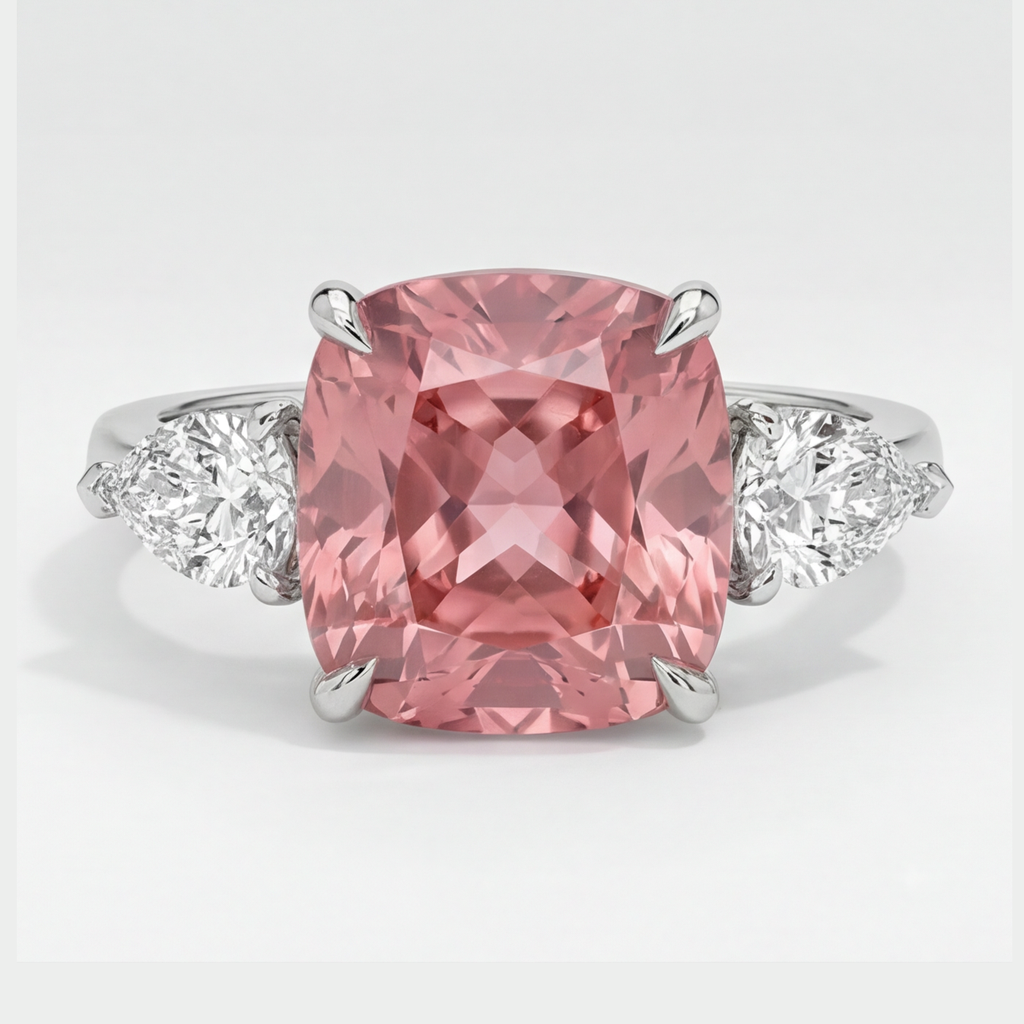 Cushion Padparadscha and White Pear Three Stone Ring Natural Platinum