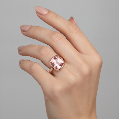 Cushion Padparadscha Bezel Solitaire Ring Natural 14K Rose Gold