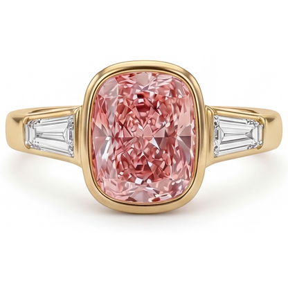 Cushion Padparadscha Bezel Three Stone Ring Natural 14K Yellow Gold