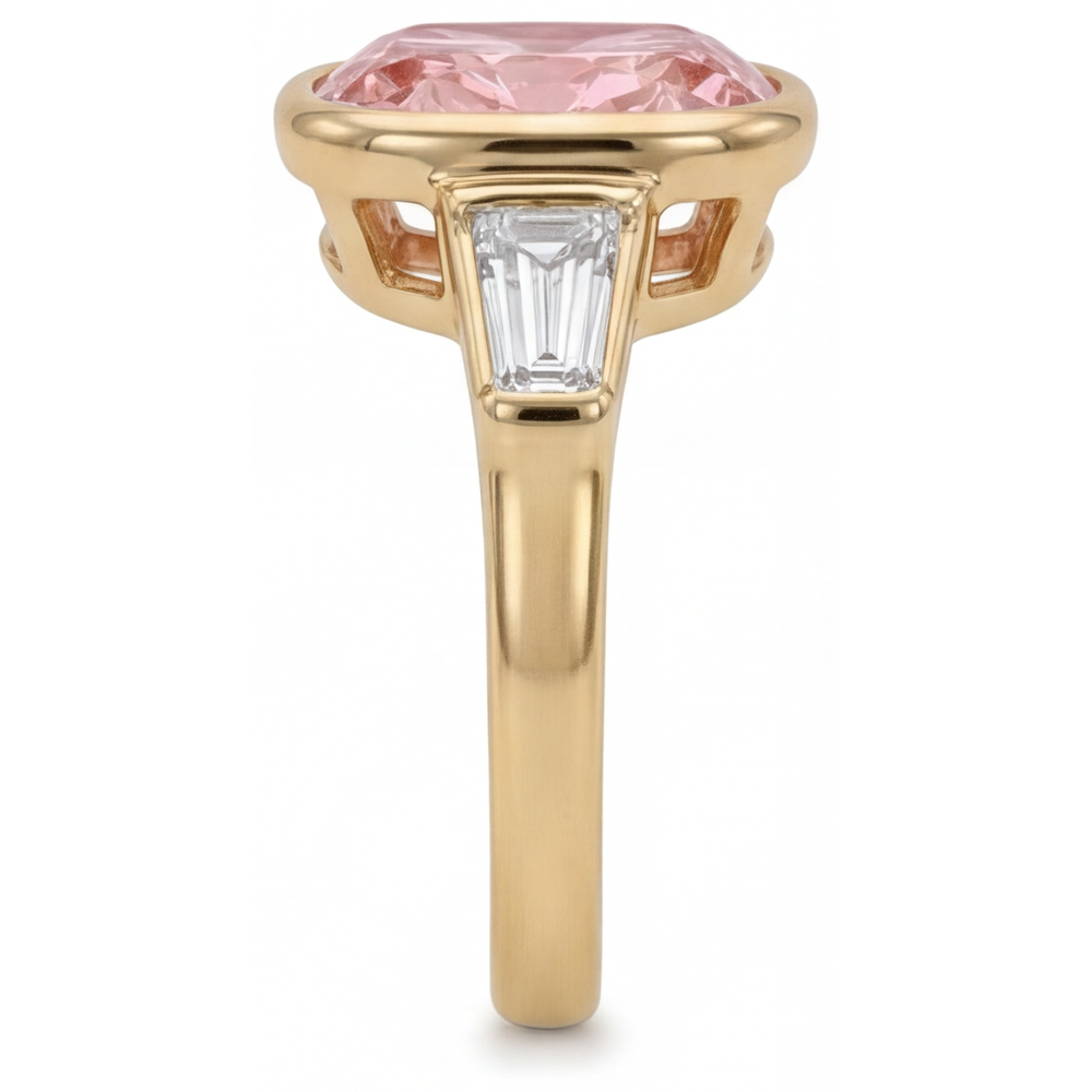 Cushion Padparadscha Bezel Three Stone Ring Natural 14K Yellow Gold