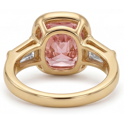 Cushion Padparadscha Bezel Three Stone Ring Natural 14K Yellow Gold