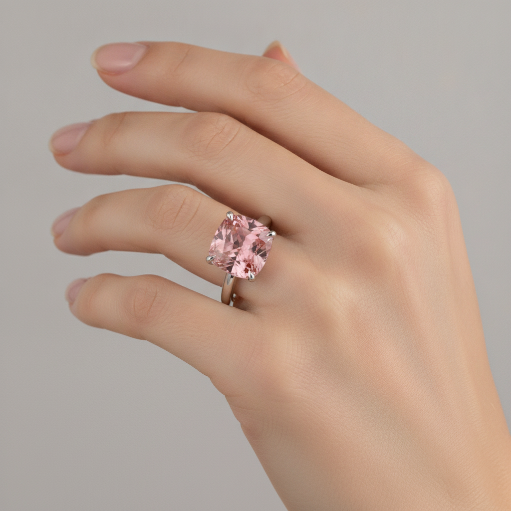 Cushion Padparadscha Solitaire Ring Natural 14K White Gold