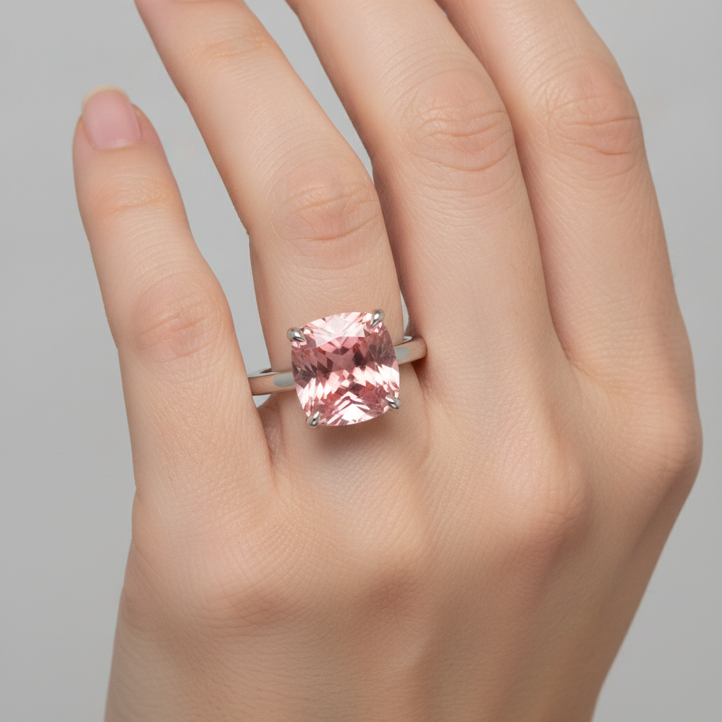 Cushion Padparadscha Solitaire Ring Natural 14K White Gold