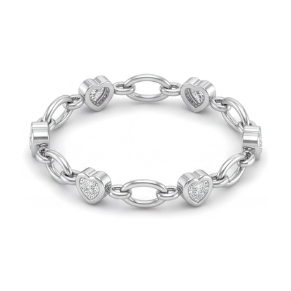 Diamond Heart Bracelet 3 Carat Lab Grown Station Oval Link 14K White Gold 7 Inch