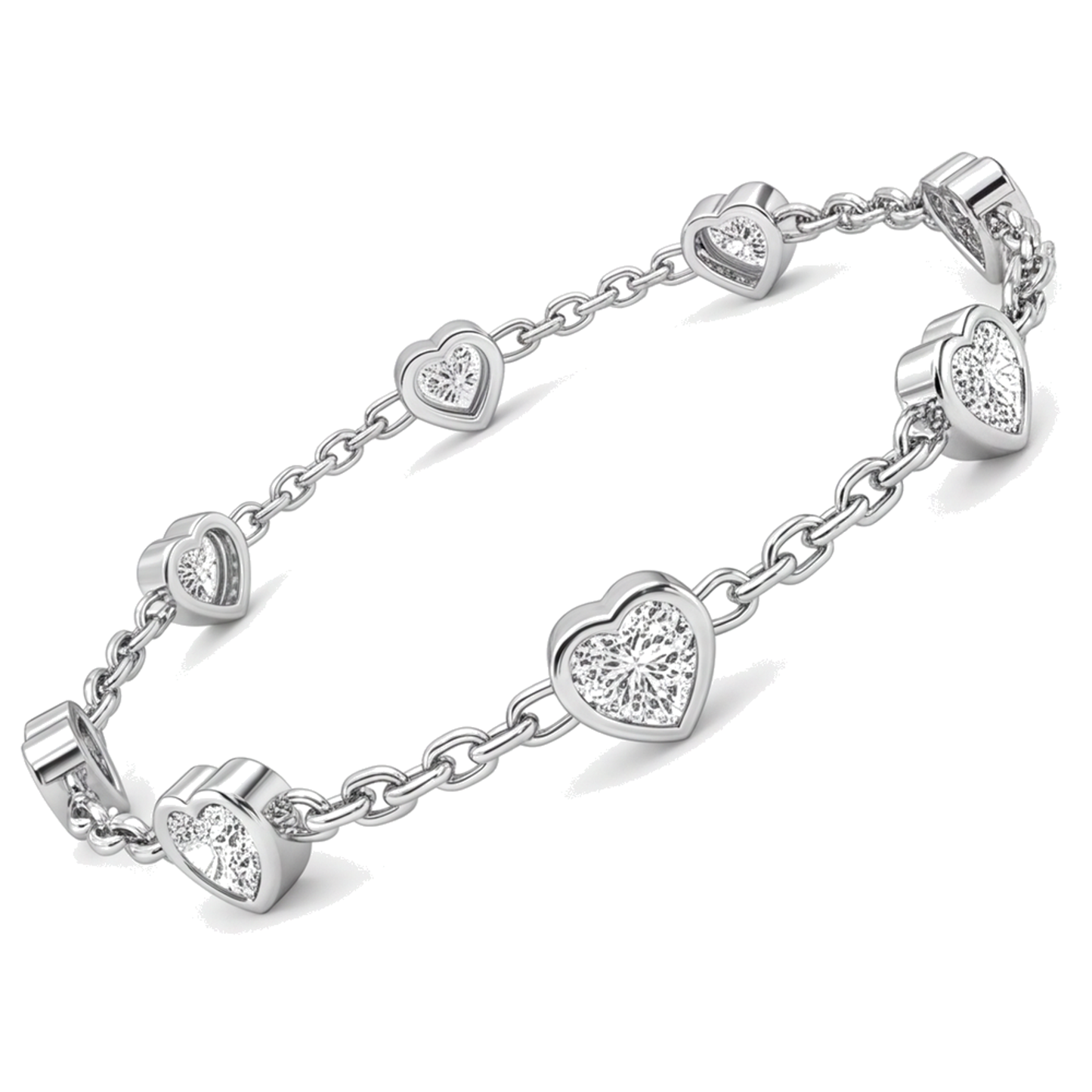 Diamond Heart Station Bracelet 3 Carat Lab Grown Bezel 14K White Gold 7 Inch
