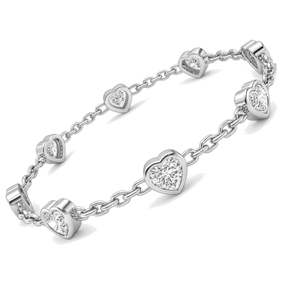 Diamond Heart Station Bracelet 3 Carat Lab Grown Bezel 14K White Gold 7 Inch