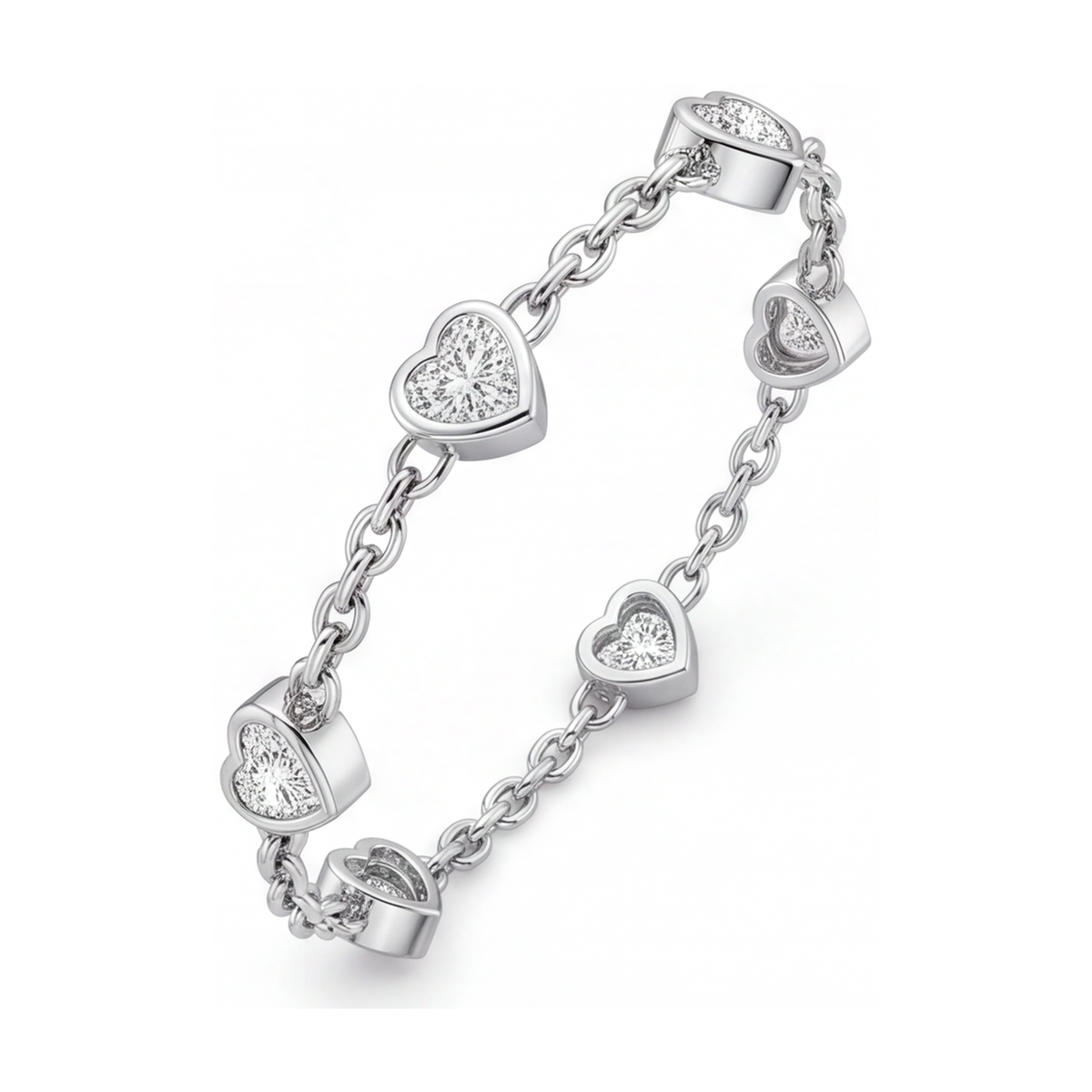 Diamond Heart Station Bracelet 3 Carat Lab Grown Bezel 14K White Gold 7 Inch