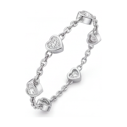 Diamond Heart Station Bracelet 3 Carat Lab Grown Bezel 14K White Gold 7 Inch