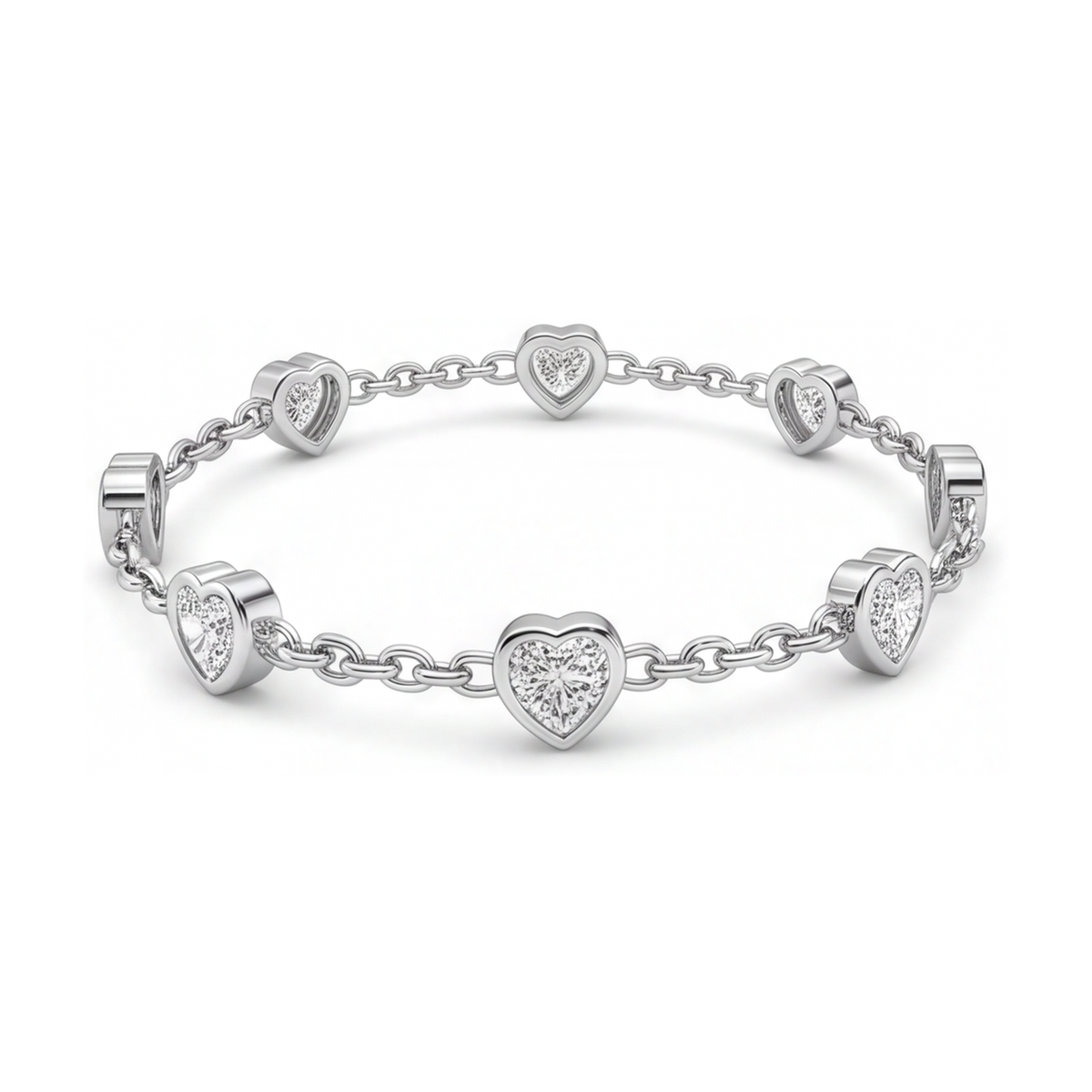 Diamond Heart Station Bracelet 3 Carat Lab Grown Bezel 14K White Gold 7 Inch