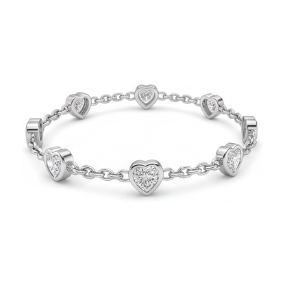 Diamond Heart Station Bracelet 3 Carat Lab Grown Bezel 14K White Gold 7 Inch
