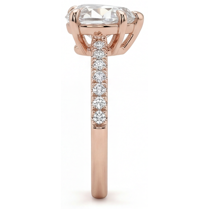 Diamond Heart Shape Solitaire with Side Stones in 14K Rose Gold – profile view