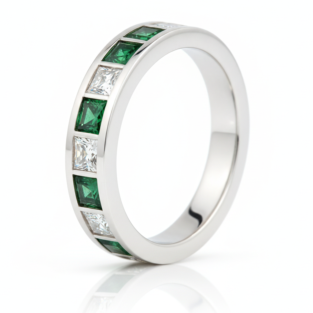 Emerald and Princess Diamond Channel Half Eternity Band Ring Natural 18K White Gold